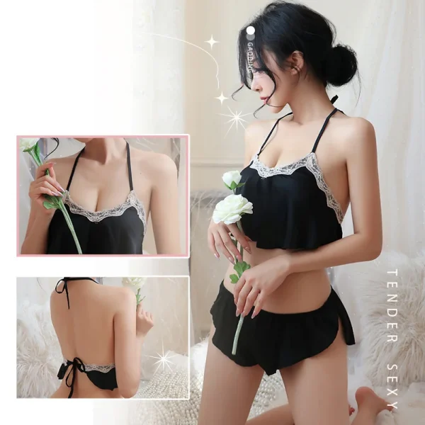 Sleepwear set Hanging neck tight fitting deep v lace silk shorts Women's pajamas lady sets trouser sets sexy panties Sex shop - Image 4