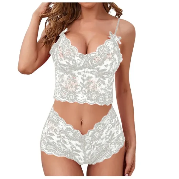 Women's Sexy Lace Pajamas Set Suspenders V-Neck See Through Sleepwear Women's Bacless Lingerie Shorts 2 Piece Set - Image 5