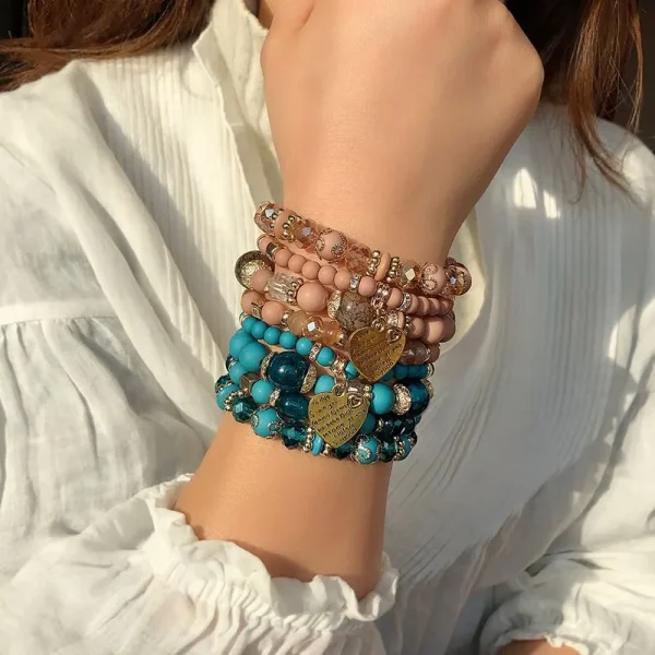 4pcs/set Boho Strand Bracelets For Women Crystal Beads Bracelets Heart Letter Elastic Bangles Wristband Yoga Jewelry Gifts - Image 2