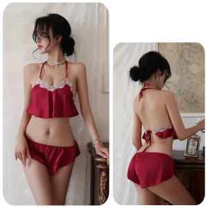 Sleepwear set Hanging neck tight fitting deep v lace silk shorts Women's pajamas lady sets trouser sets sexy panties Sex shop