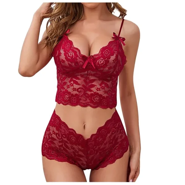 Women's Sexy Lace Pajamas Set Suspenders V-Neck See Through Sleepwear Women's Bacless Lingerie Shorts 2 Piece Set - Image 3